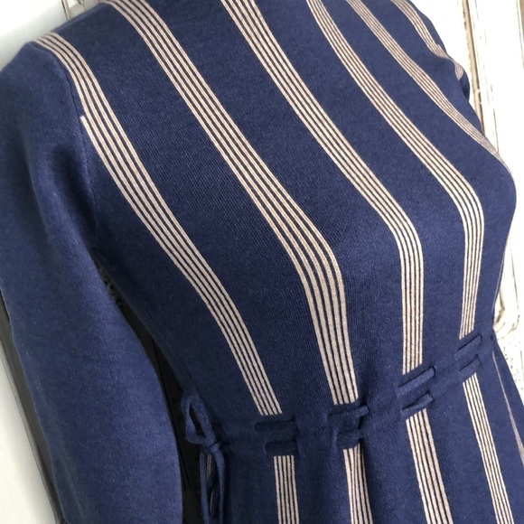 New Fashion Cadet Blue with Cream Strips Mock Neck Self Belts Long Sleeve Dress - Picture 4 of 12